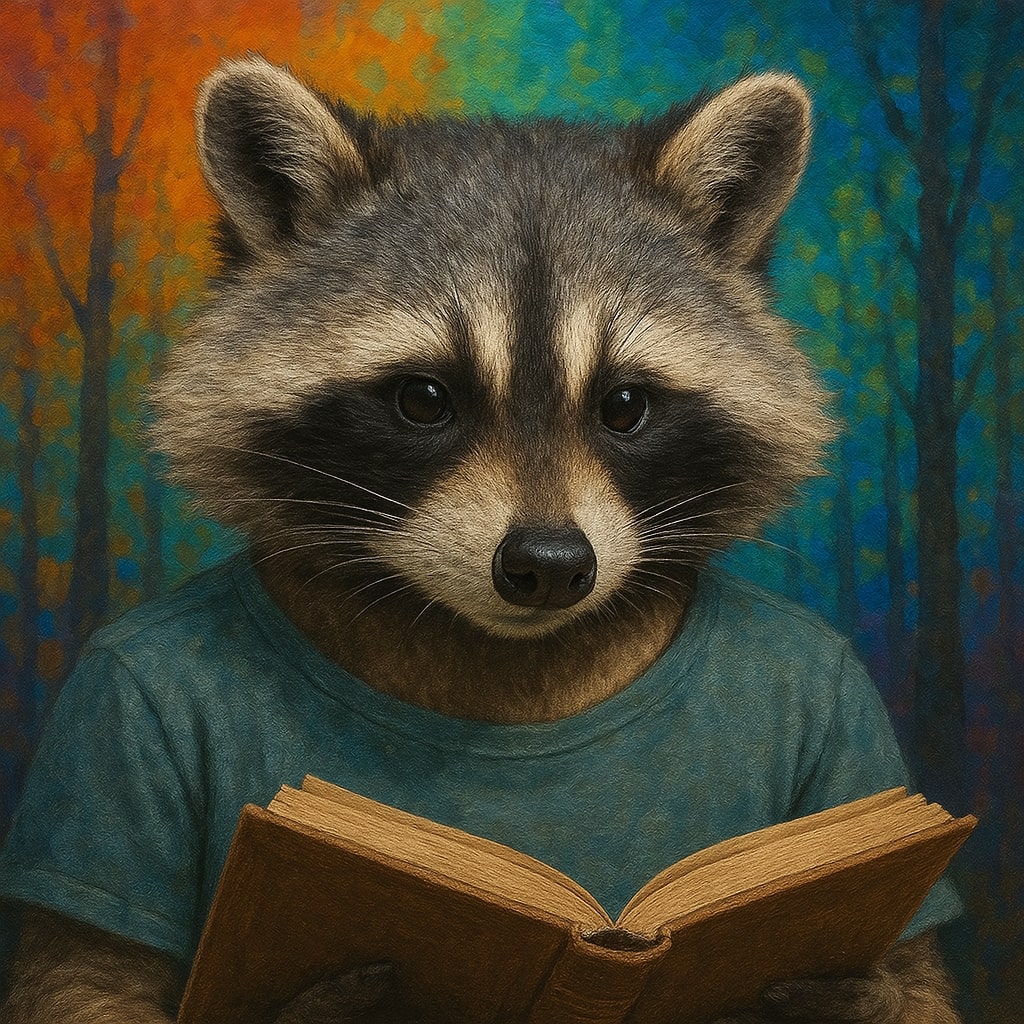 Portrait of a raccoon reading a book